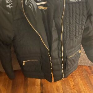 bebe Black Puffer Jacket with Gold Accents